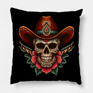 skull and cowboy hat tattoo Pillow