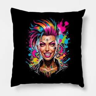 Bohemian Punk Happy Girl Psychedelic retro vintage 80s comic design Pillow