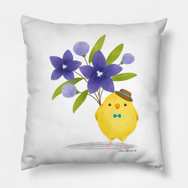 Yellow Bird with Balloon Flowers bouquet Pillow by julianamotzko