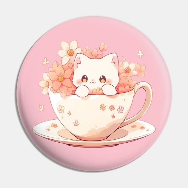 Cute Cat in a Teacup with Flowers Pin by Seraphine