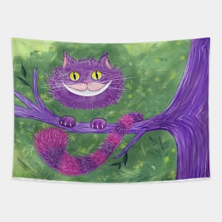 Smiling Cheshire Cat on a Tree Branch Digital Illustration Tapestry