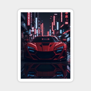 Dark Red Sports Car in Japanese Neon City Magnet