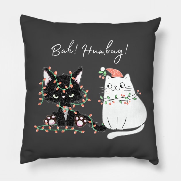 Bah Humbug Holiday Cats Pillow by Whiskers and Wings