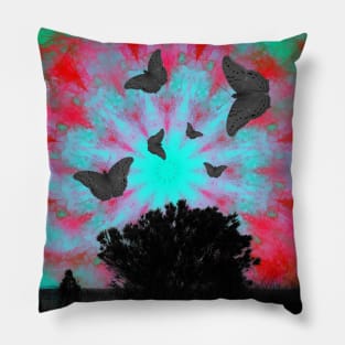 Dark butterflies in surreal mandala landscape Pillow