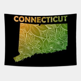 Colorful mandala art map of Connecticut with text in green and orange Tapestry