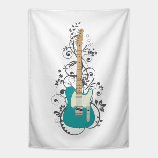 Teal T-Style Electric Guitar Flowering Vines Tapestry