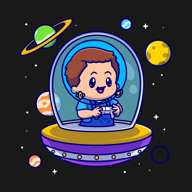 Cute Boy Astronaut Playing Game In Ufo Cartoon by Catalyst Labs