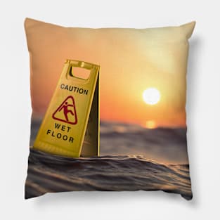 Caution wet floor sign, ocean/sea Pillow