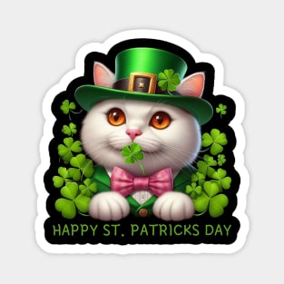 Happy St. Patricks Day Irish White Cat Holding A Shamrock Lucky Magnet