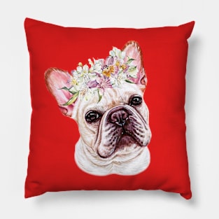 Cute White French Bulldog with Hair Wreath Illustration Art Pillow