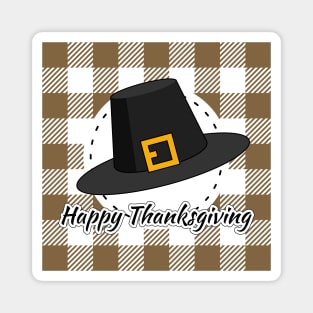 Black Pilgrim Hat on Brown Plaid - Happy Thanksgiving Magnet