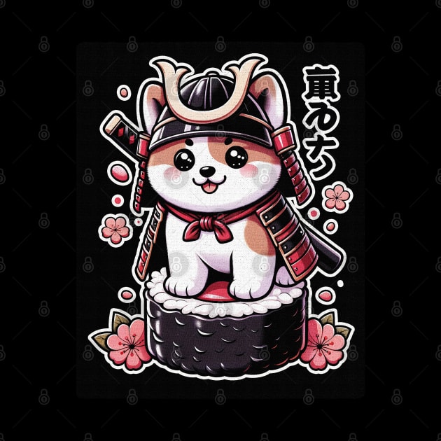 Kawaii Samurai Animal Puppy Dog Warrior with Katana Cute On top of Sushi by EmuftyDesign