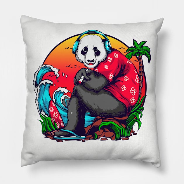 Panda Chill at the Beach Illustration Pillow by Invectus Studio Store