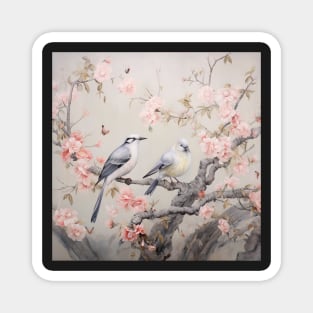 Grey and pink chinoiserie painting with birds and flowers Magnet