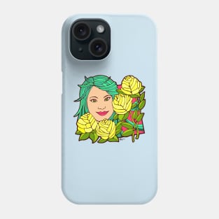 Green Haired Woman with Yellow Roses Phone Case