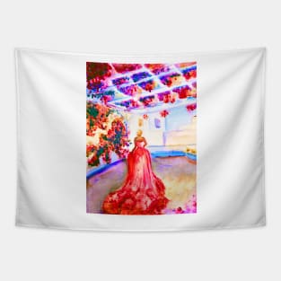 Woman in Greece with pink tail dress under flower pergola Tapestry