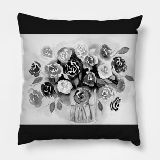 Loose Roses Still Life in Black and White Pillow