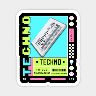 TECHNO  - TR 909 Drum Machine (white/lime/pink) Magnet