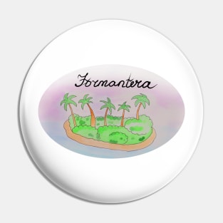 Formantera watercolor Island travel, beach, sea and palm trees. Holidays and vacation, summer and relaxation Pin