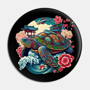 Flower Waves Floral Art Traditional Japanese Turtle Pin