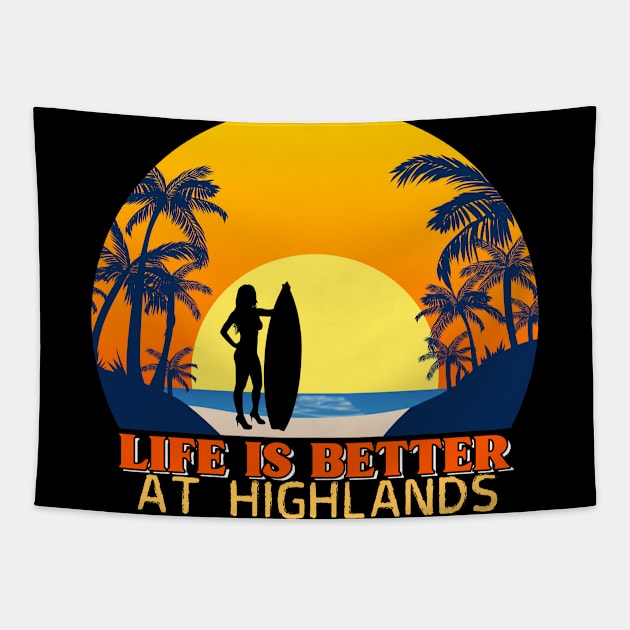 Happy beach surfer in Highlands Tapestry by ArtDesignDE