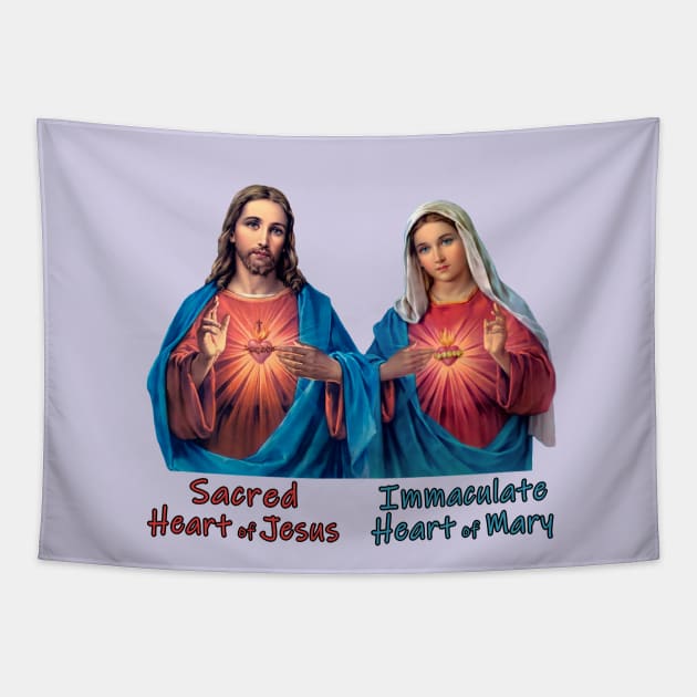 Sacred Heart of Jesus and Immaculate Heart of Mary Images with Typography Tapestry by Brasilia Catholic
