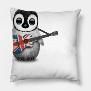 Baby Penguin Playing Union Jack British Flag Guitar Pillow