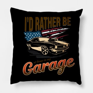 I'd Rather Be at Home in My Garage USA American Flag Patriotic Street Car Pillow