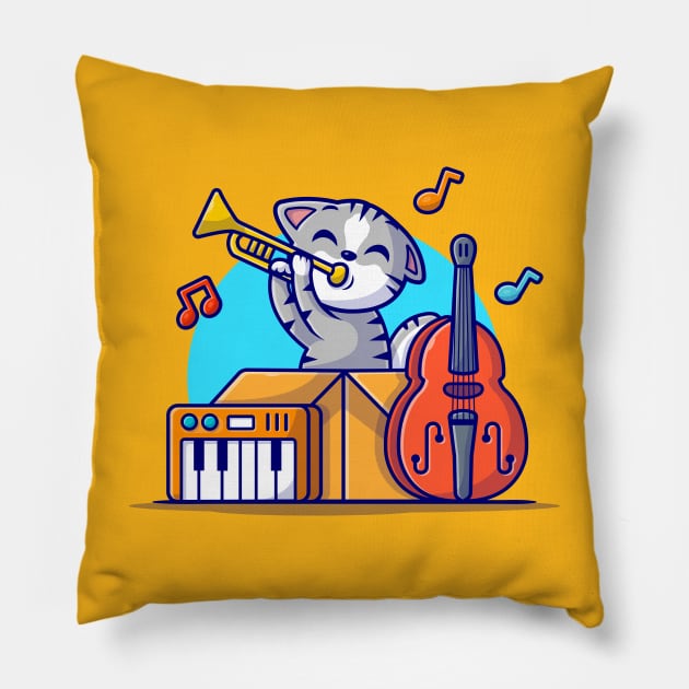 Cute Cat Playing Jazz Music in Box with Saxophone, Piano and Contrabass Cartoon Vector Icon Illustration Pillow by Catalyst Labs