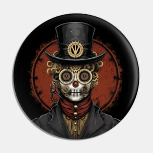 Vintage Robot Skeleton in a Suit and Top Hat Against a Red Moon – Retro Horror Illustration. Pin