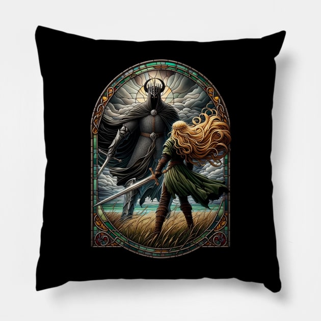 Epic Duel in Stained Glass - A Fierce Maiden and a Dark Wraith - Fantasy Pillow by Fenay-Designs