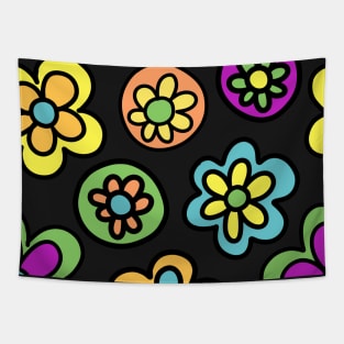 Colorful 70’s Style Flower Cartoon Pattern (in green, orange, yellow, blue,and magenta) on a Black Backdrop, made by EndlessEmporium Tapestry