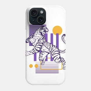 Retro 80s Purple & Gold Tiger on the Attack // Vintage Geometric Shapes Background Phone Case