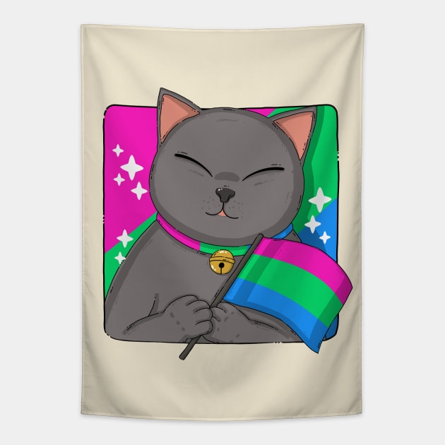 British Shorthair Cat Holding Polysexuality Pride Flag Tapestry by Japanese Neko