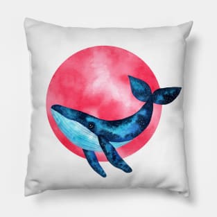 Cute space blue whale illustration with pink moon bubble Pillow