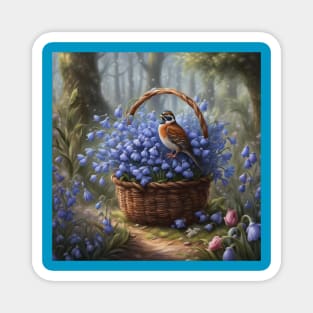 Quail Inspecting Basket of Bluebell Flowers Magnet