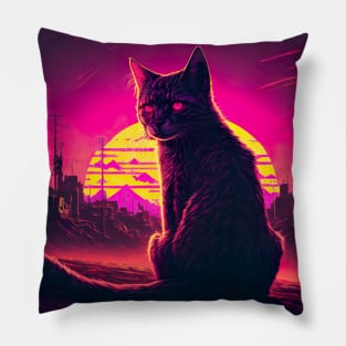 Stray Cat Watching Synthwave Sunset In Apocalyptic City Pillow