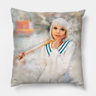 Cute anime style blonde girl with baseball bat Pillow