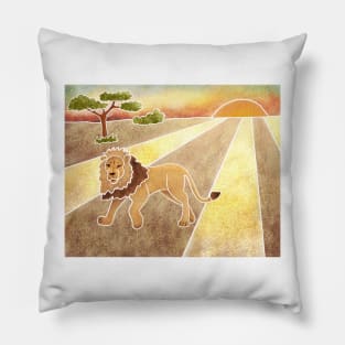 Majestic Lion in the Savannah, Batik silk painting style Pillow