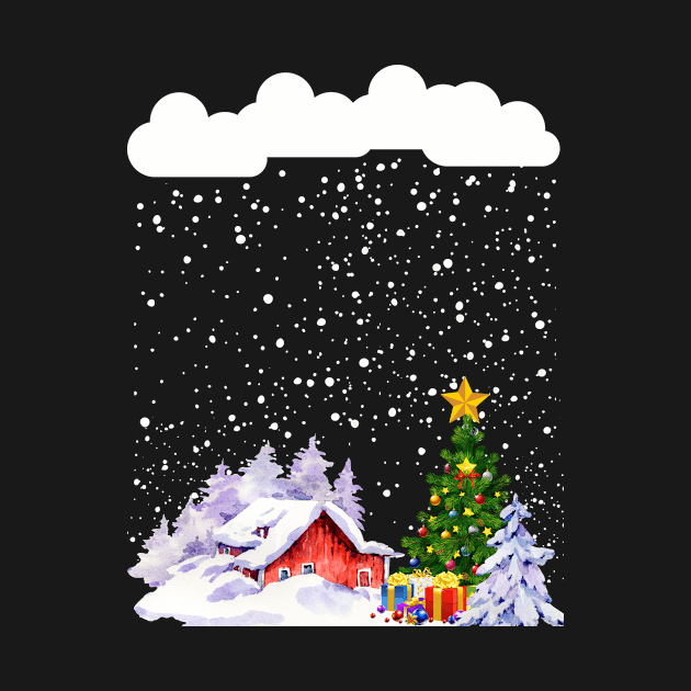 Cozy snow cabin mountain snow storm snowy Christmas tree by Artstastic