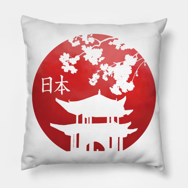 Vintage comic Japanese flag with solhouette of temple, sakura, kanji | Nature Pillow by Vane22april