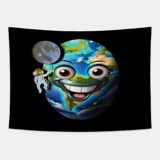 The astronaut hanging on the moon in front of the cute Earth Tapestry