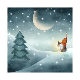 Scandinavian gnome on winter landscape watercolor illustration. Nordic tomte gnome with Christmas tree. Moonlight snow forest T-Shirt