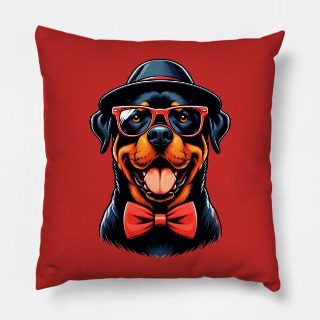 cute Rottweiler Dog Wearing Red Glasses And Bow Tie Pillow by Figurely creative