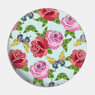 Roses And Butterflies Pattern On Blue Pin