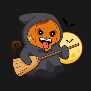 Halloween Grim Reaper Pumpkin Broom Bat T-Shirt