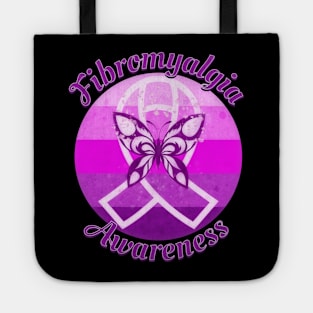 Fibromyalgia Awareness Retro Sunset Mystic Ribbon and Butterfly Tote