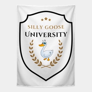 Silly Goose University - Cartoon Goose Emblem With Golden Details Tapestry