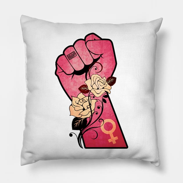 Vintage Rose Resist Hands Up Fist Women's Rights Pillow by porcodiseno