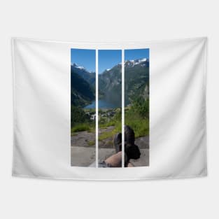 Wonderful landscapes in Norway. Vestland. Beautiful scenery of Geiranger Fjord from the Queen's Chair viewpoint. Cruise ship, winding roads, waterfall and stream. Tapestry